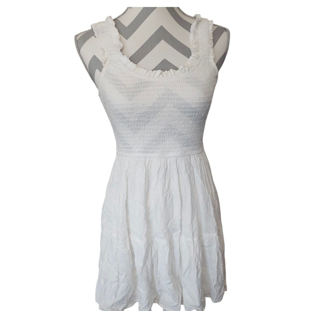 Mine White Smocked Mini Dress Ruffle Strap Tiered Rayon Size M
